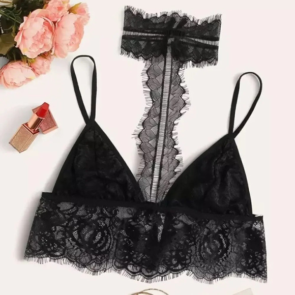 NEW! Floral Eyelash Lace Triangle Choker Bralette - Picture 3 of 7